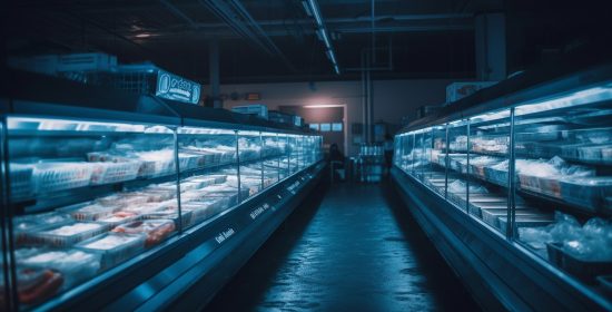 Fresh groceries inside modern supermarket, no people generated by artificial intelligence